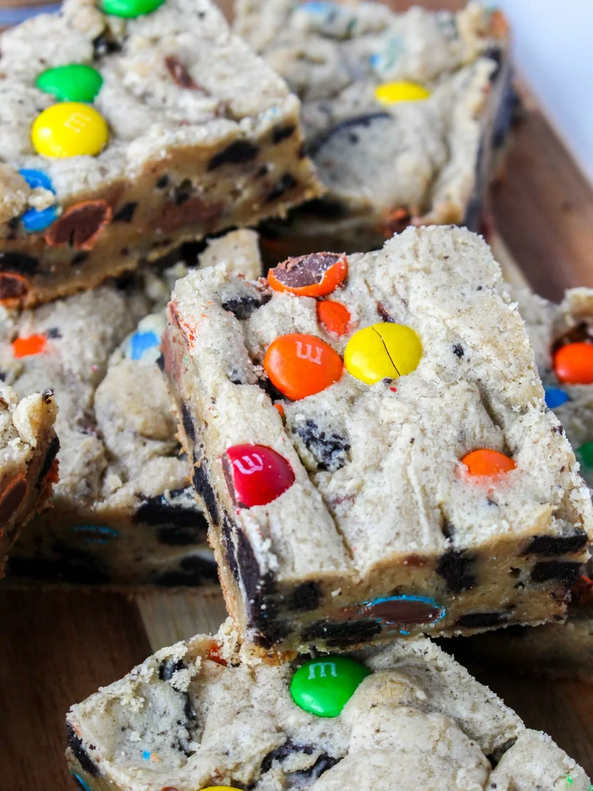 overhead view of M&M Cookie Bars with Oreos