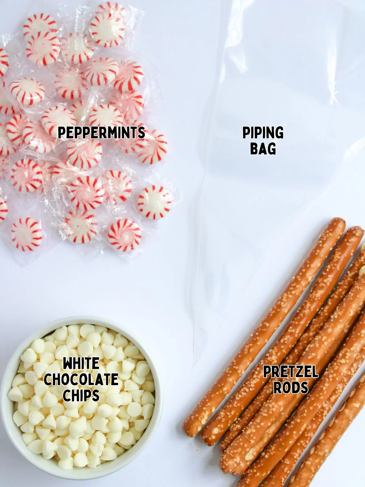 Ingredients for White Chocolate Christmas Tree Prezel Rods