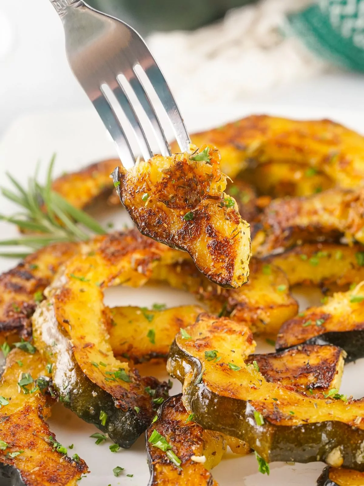 fork with a bite of acorn squash on it