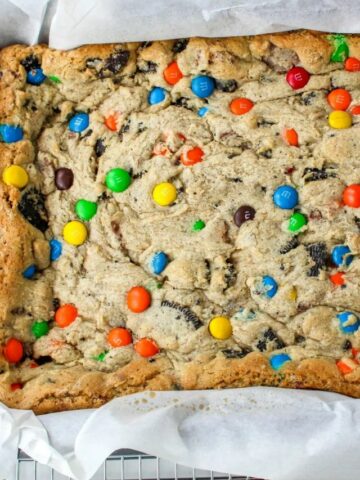 M&M Cookie Bars with Oreos and Peanut Butter Cups-Cover image.