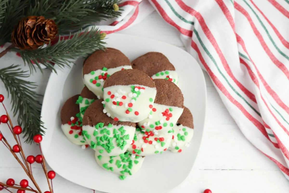 chocolate cookies with white icing and sprinkles on white plate.