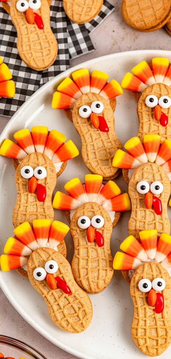 Nutter Butter Turkeys on a round white platter