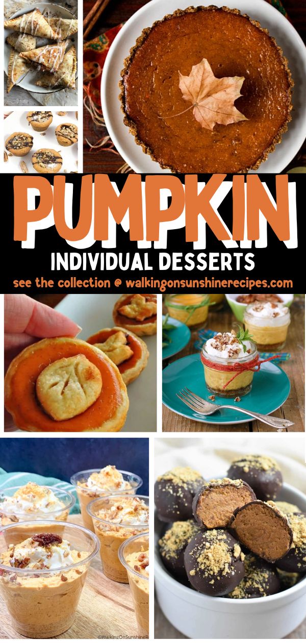 a collection of desserts that are individual sized and flavored with pumpkin.