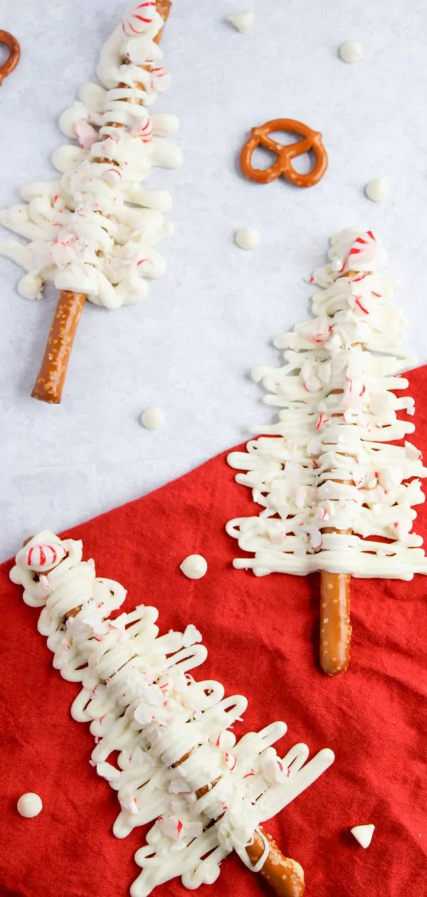 3 white chocolate Christmas tree pretzel rods