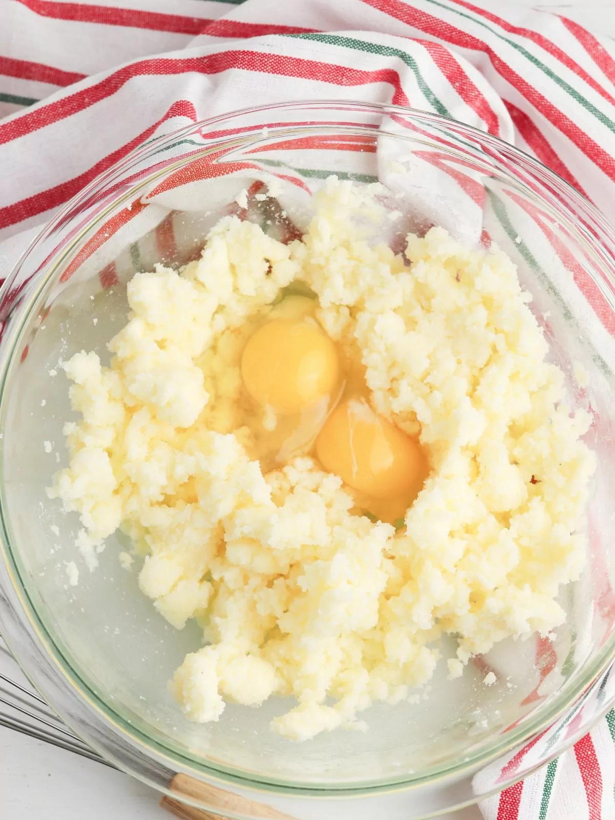 eggs added to sugar and butter mixture.