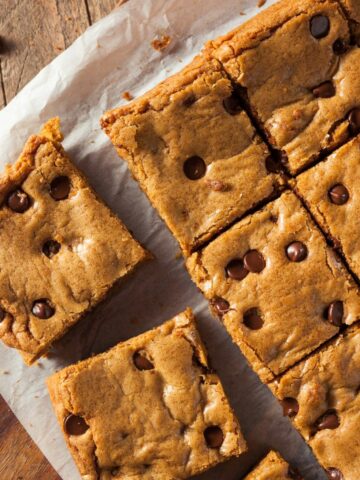 chocolate chip bar cookies on parchment paper.