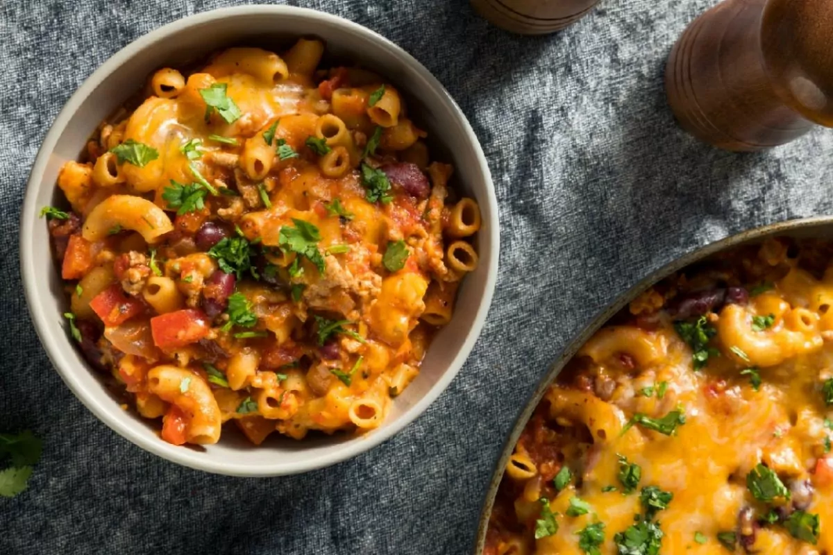 bowl of chili pasta casserole.