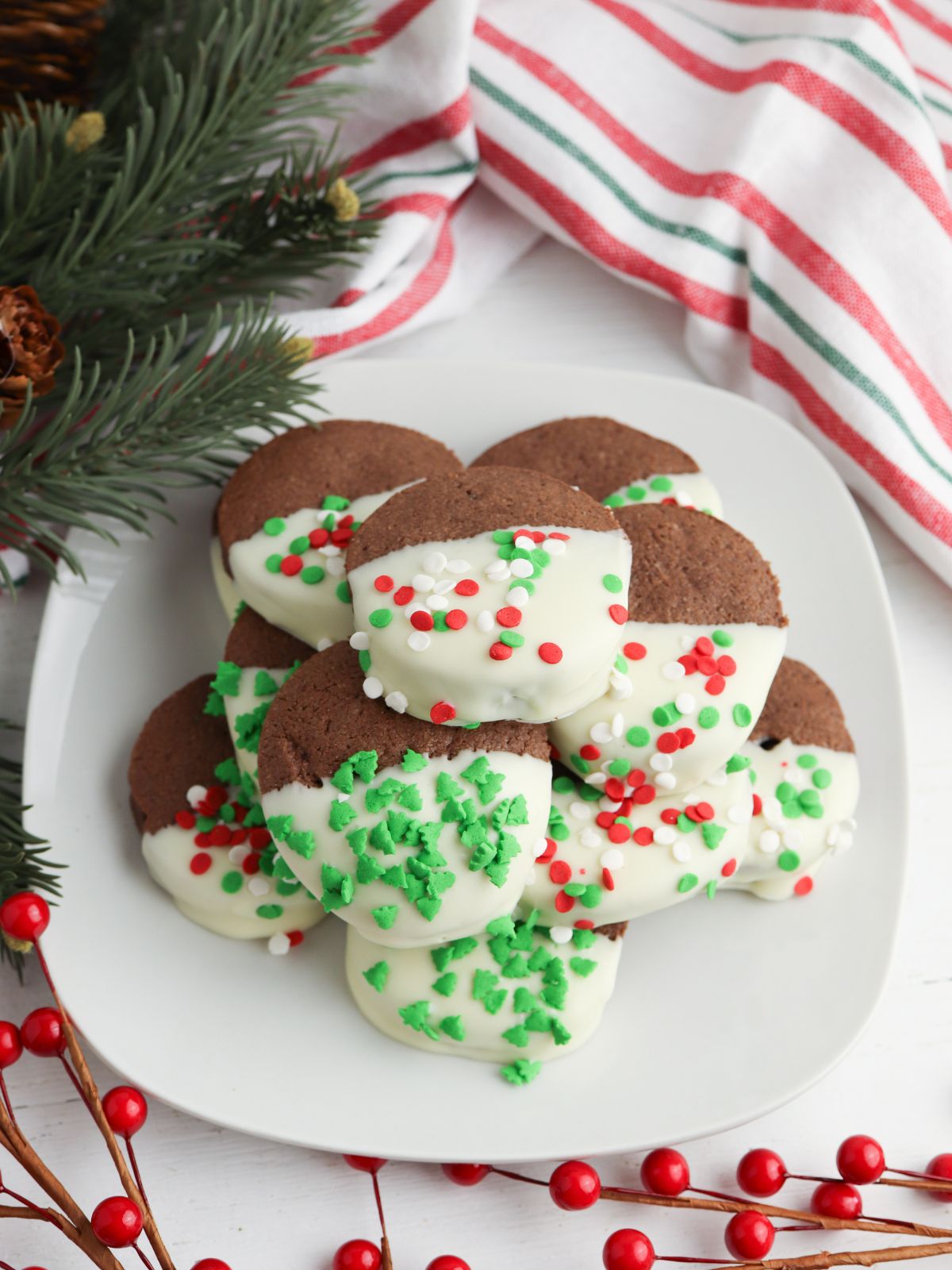 chocolate plates on white plate decorated for Christmas.