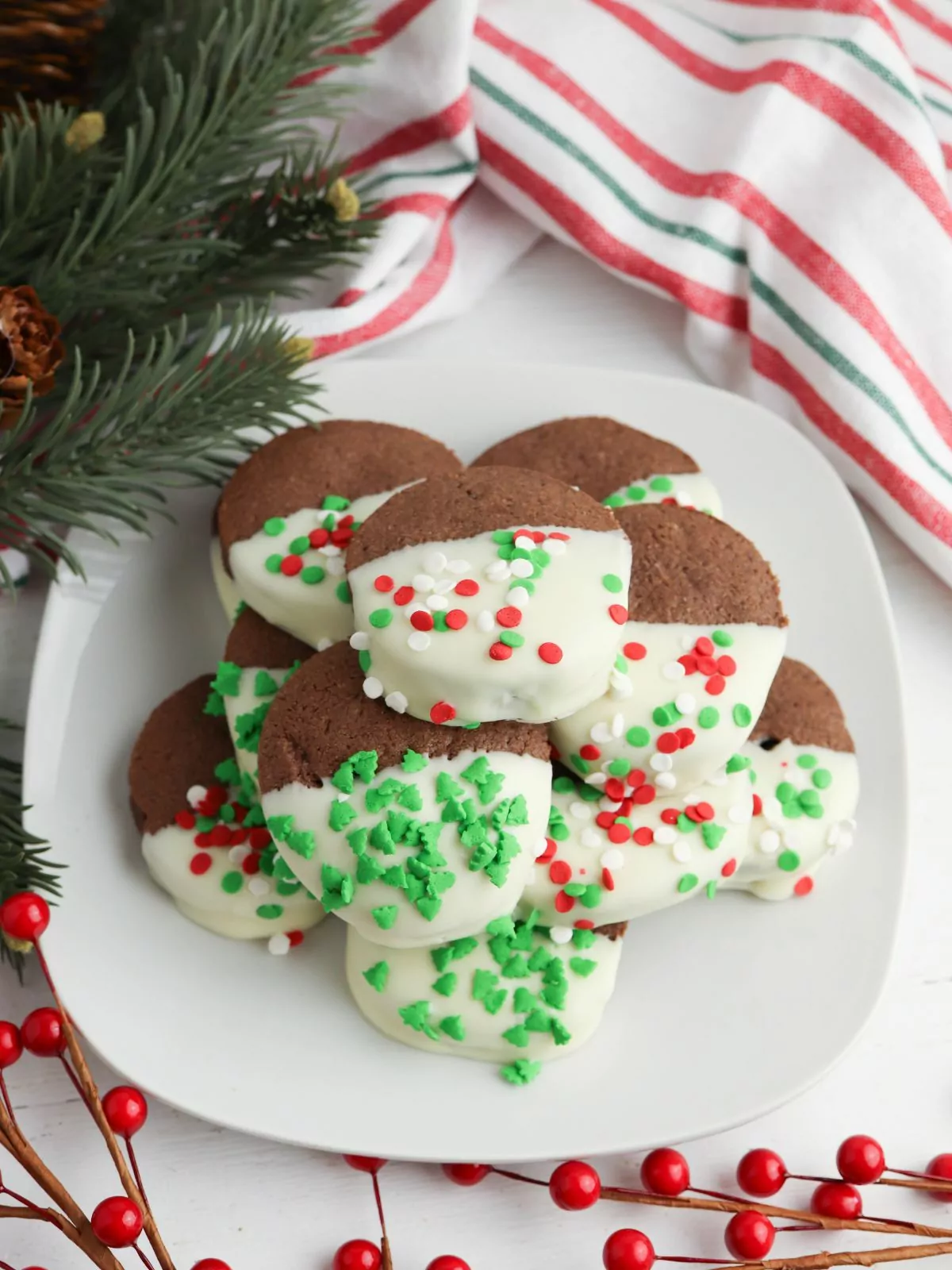 chocolate plates on white plate decorated for Christmas.