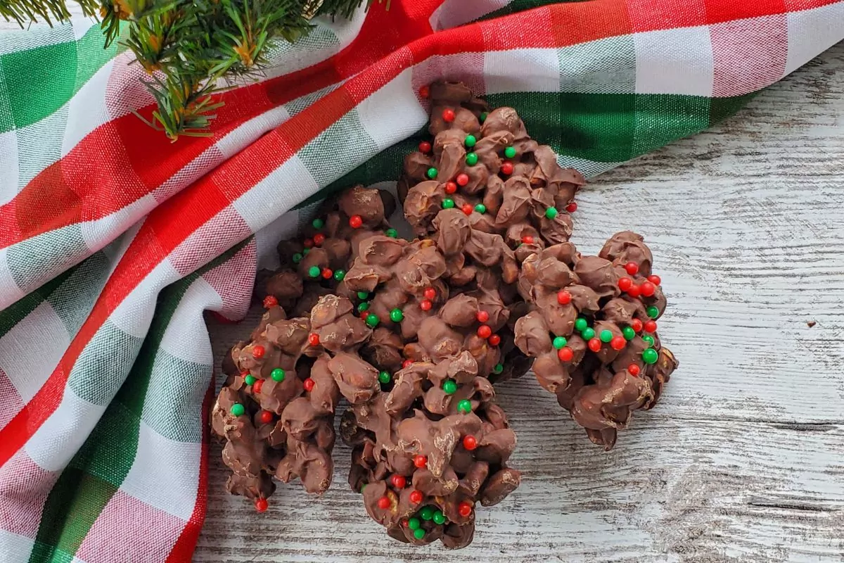 chocolate candy with peanuts with red and green sprinkles.