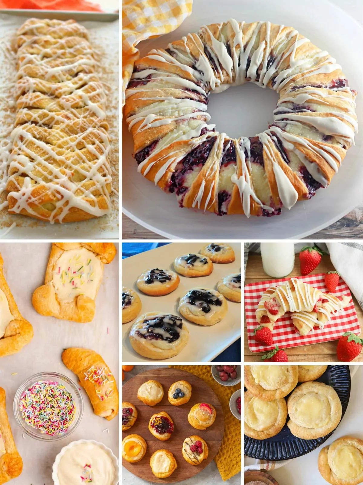 A collection of delicious crescent roll danishes with various fillings.