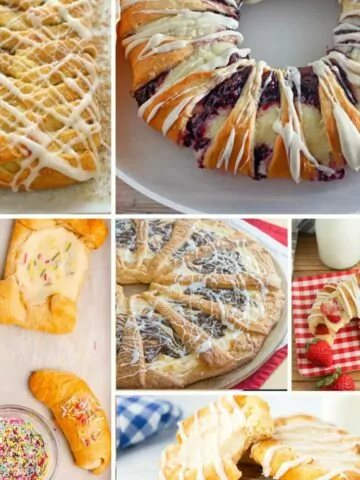 Festive crescent roll danishes with cream cheese filling and fruit toppings.