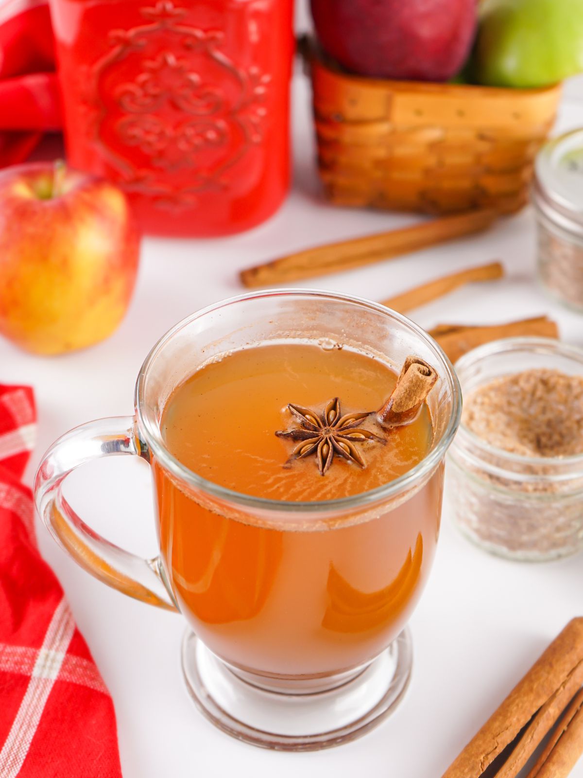 glass mug of apple cider with cinnamon stick and star of anise.