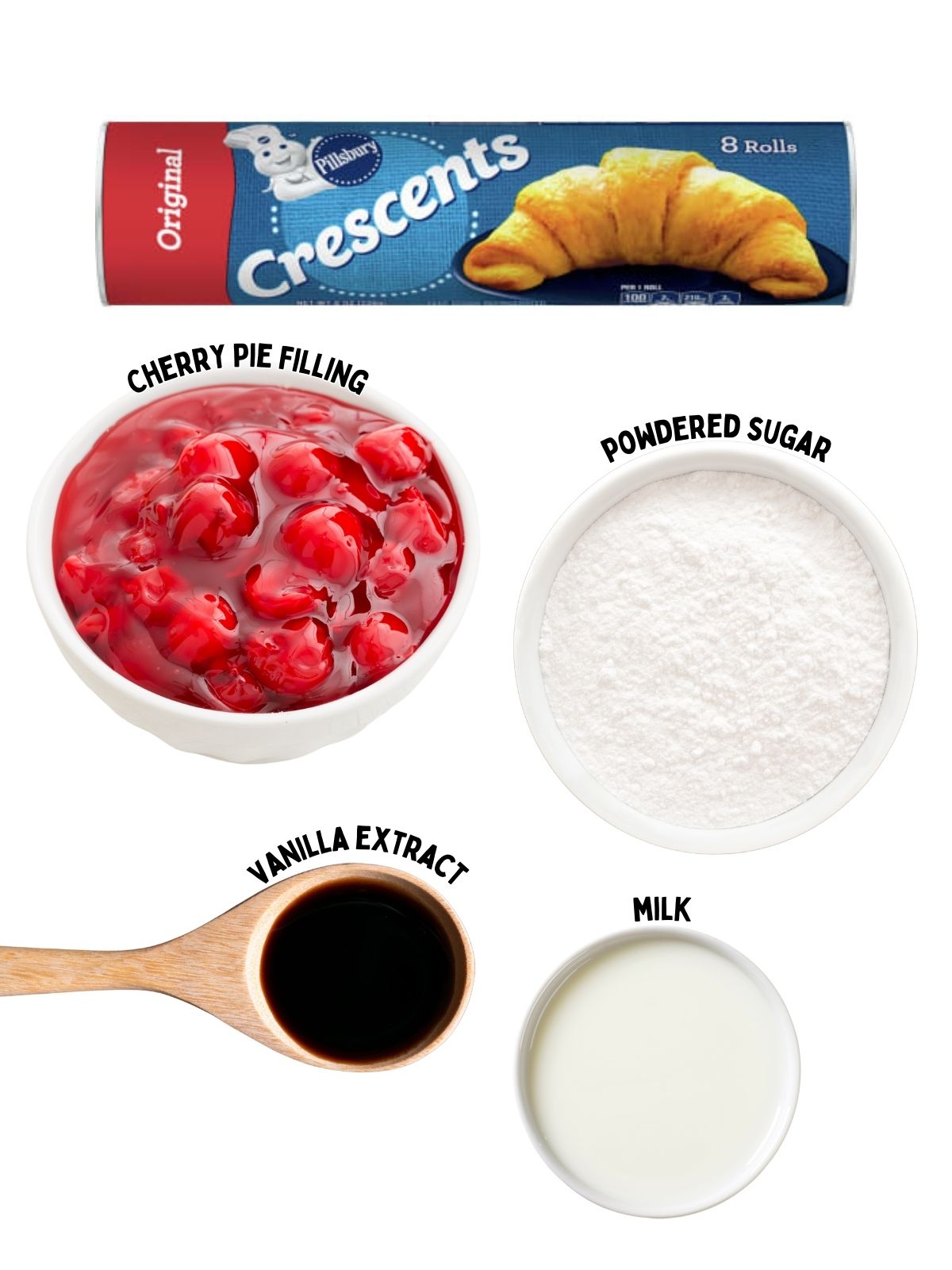 ingredients for crescent rolls with cherry pie filling.