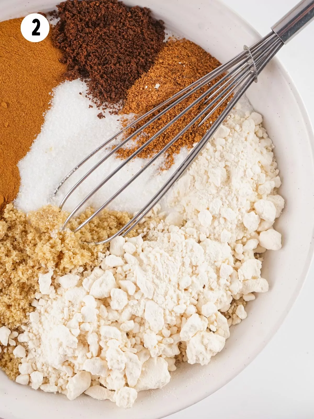 spice ingredients in white bowl with wire whisk.