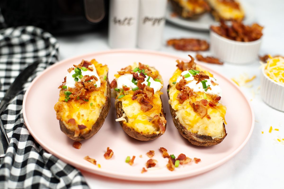 Twice baked potatoes with cheesy, golden tops.