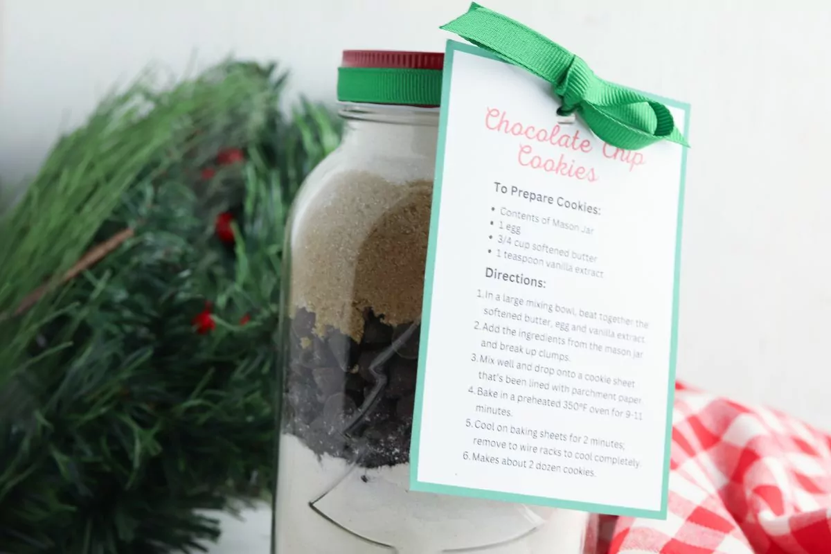 chocolate chip cookie mix in a mason jar with gift tag MSN.