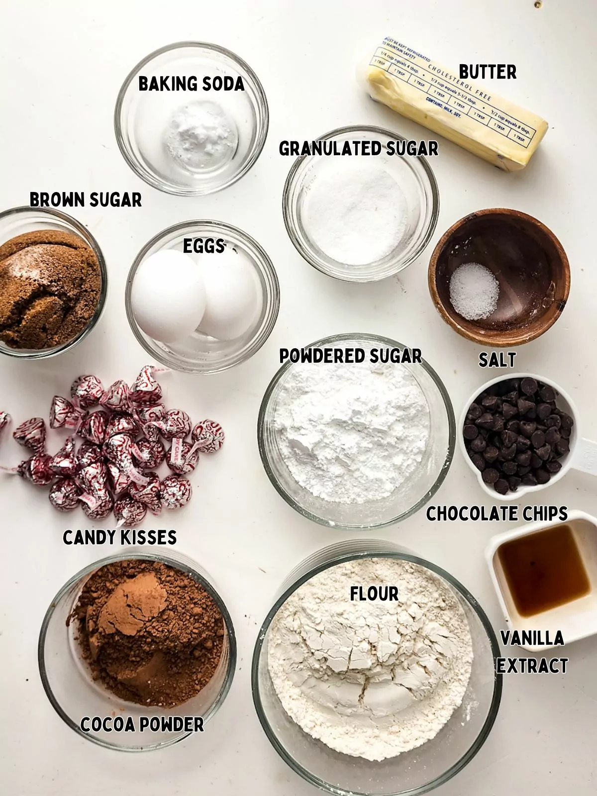 Ingredients for Chocolate Cookies with Candy Cane Kisses