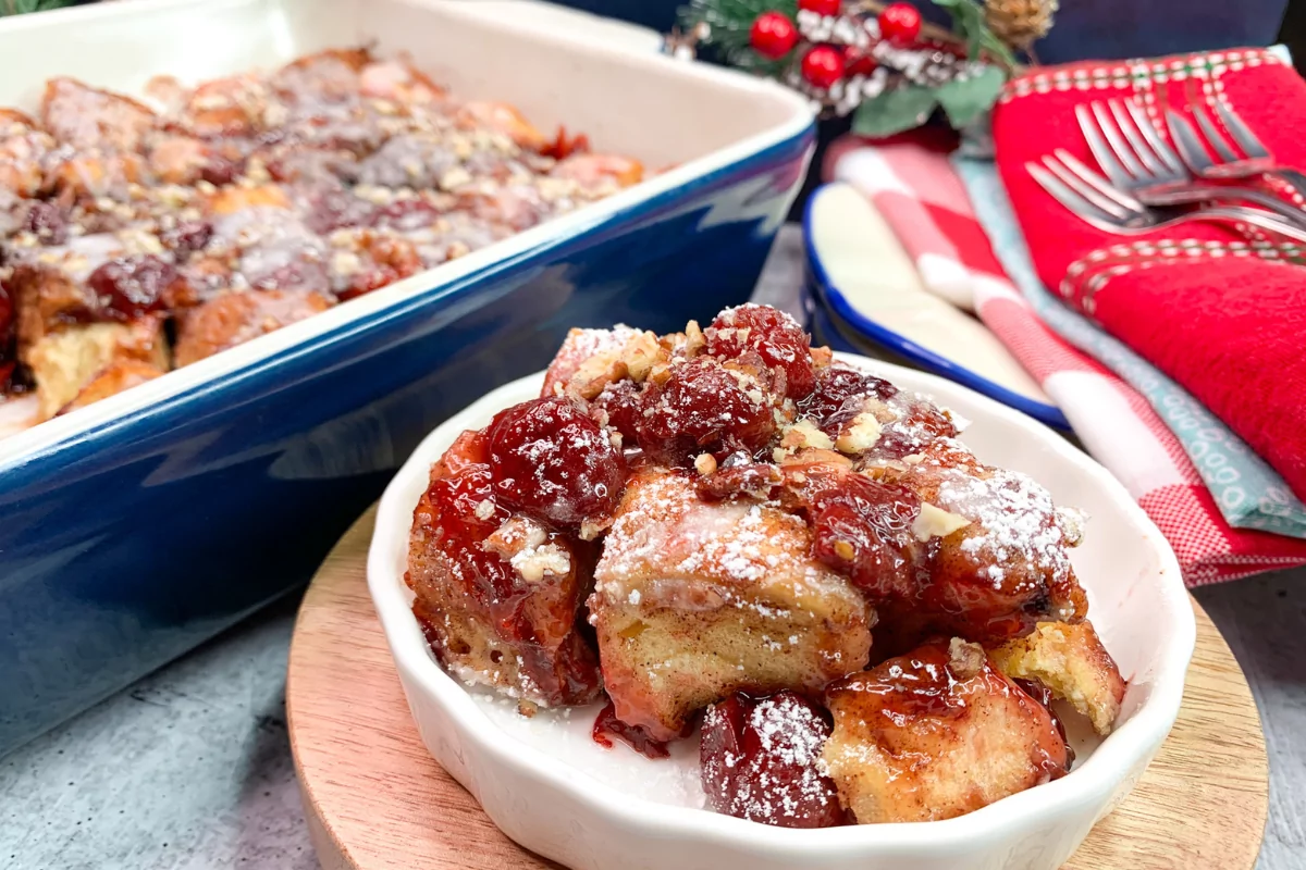 cherry pie filling cinnamon roll casserole for Christmas.