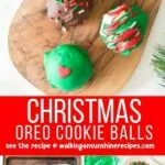 3 photo collage of Christmas Oreo Balls dipped in melted chocolate.