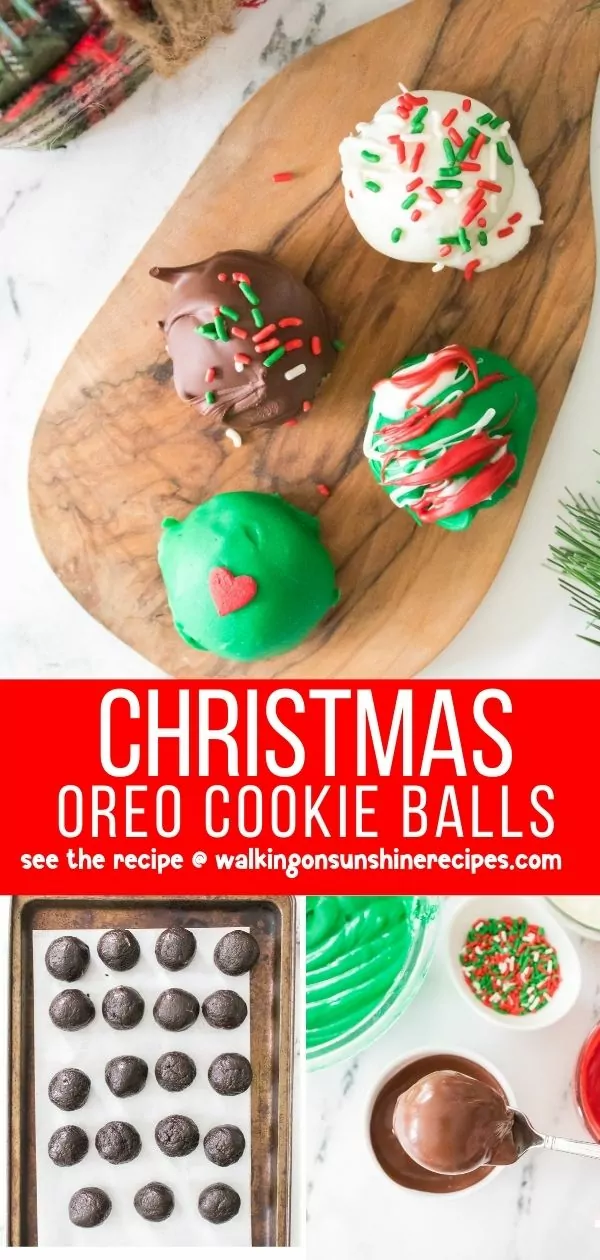 3 photo collage of Christmas Oreo Balls dipped in melted chocolate.