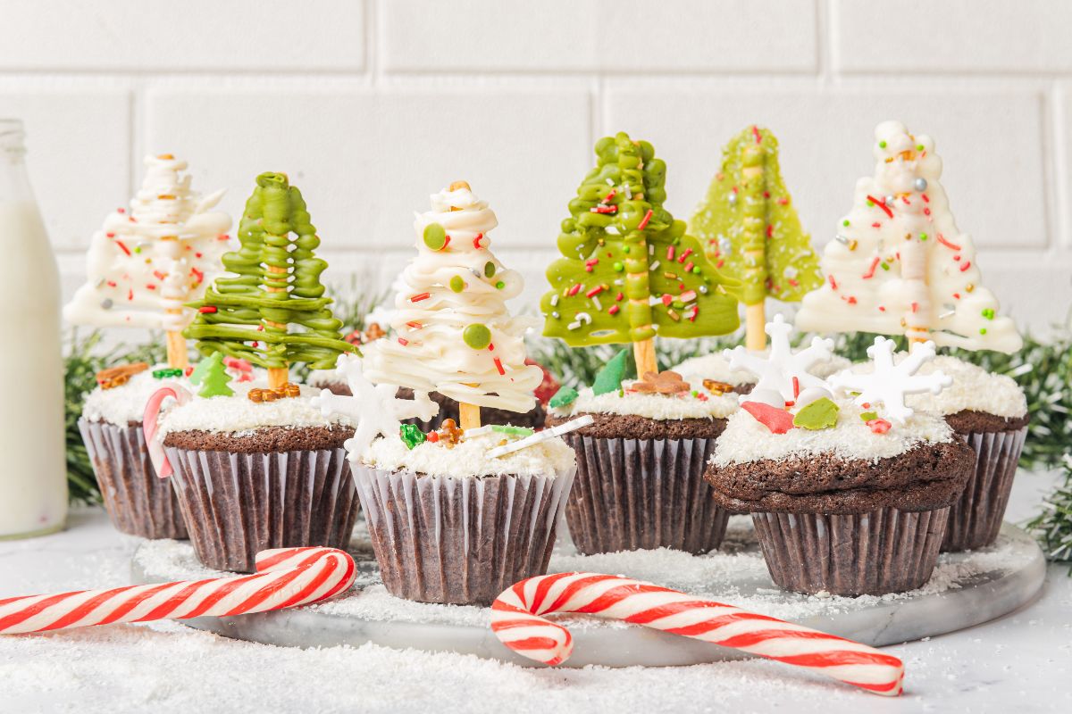 Christmas Tree Cupcakes with candy canes in front