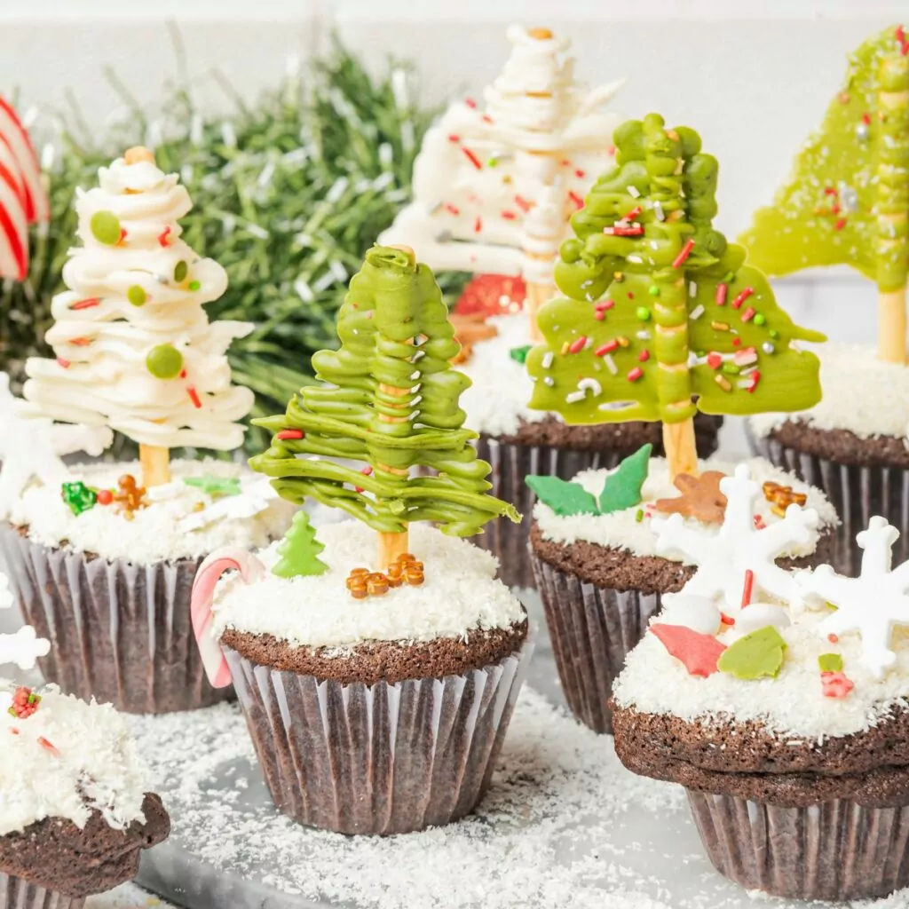 Christmas Tree Cupcakes with green and white chocolate trees