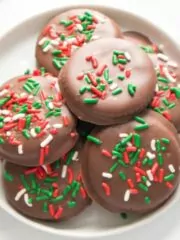 top view of chocolate mint no bake cookies with Christmas sprinkles