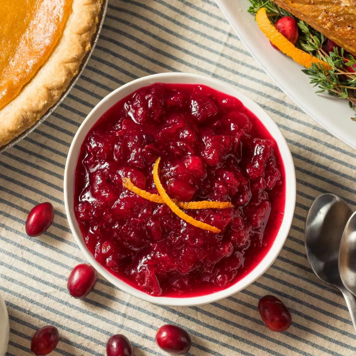 small bowl of cranberry sauce on Thanksgiving table.