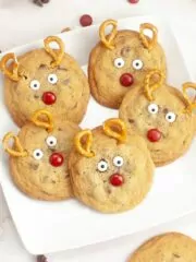 square white plate with reindeer chocolate chip cookies