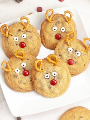 square white plate with reindeer chocolate chip cookies