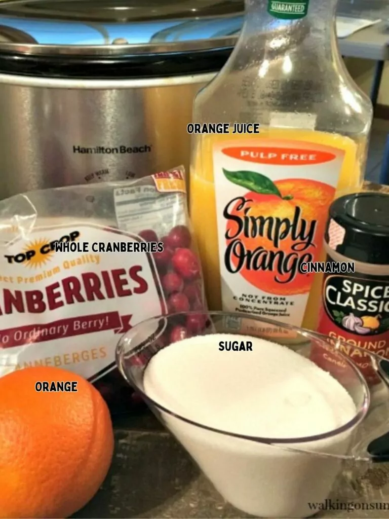 ingredients orange juice, orange, sugar, cinnamon and cranberries.