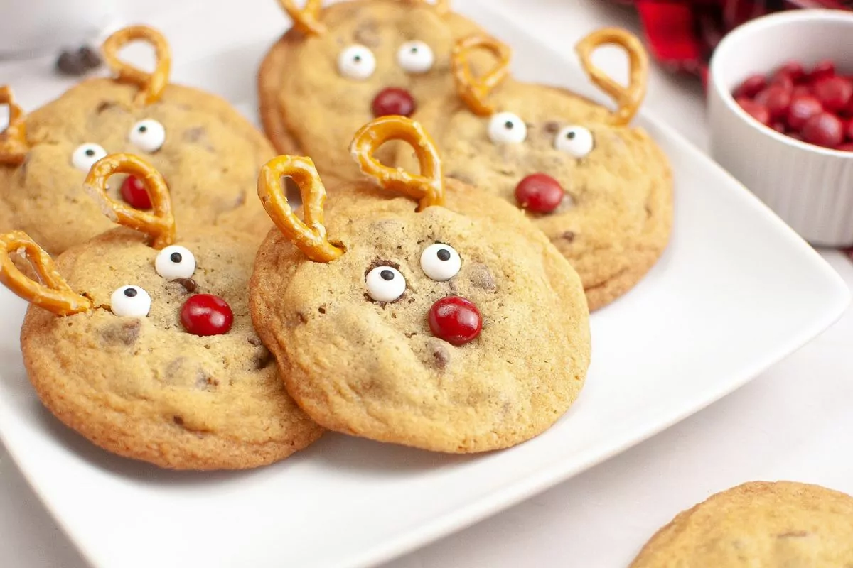 Chocolate Chip Cookies decorated like Rudolph