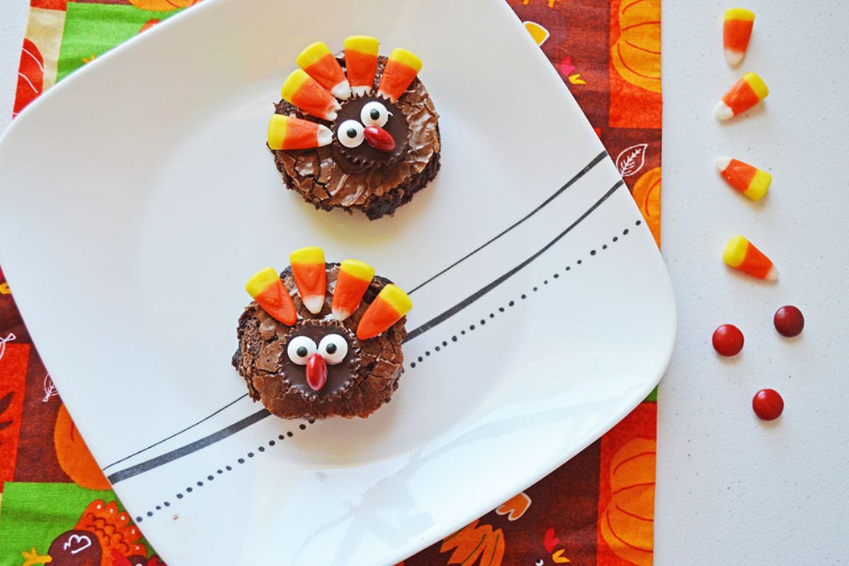 2 round brownies on a plate decorated like turkeys.