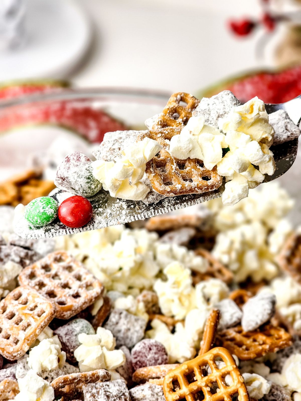 close up of Christmas chex mix