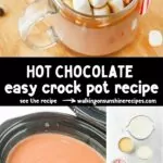 four different photos of hot chocolate being prepared in a crock pot.