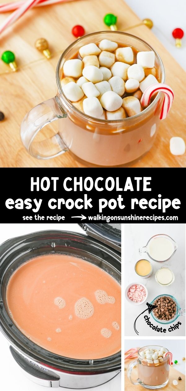 four different photos of hot chocolate being prepared in a crock pot.