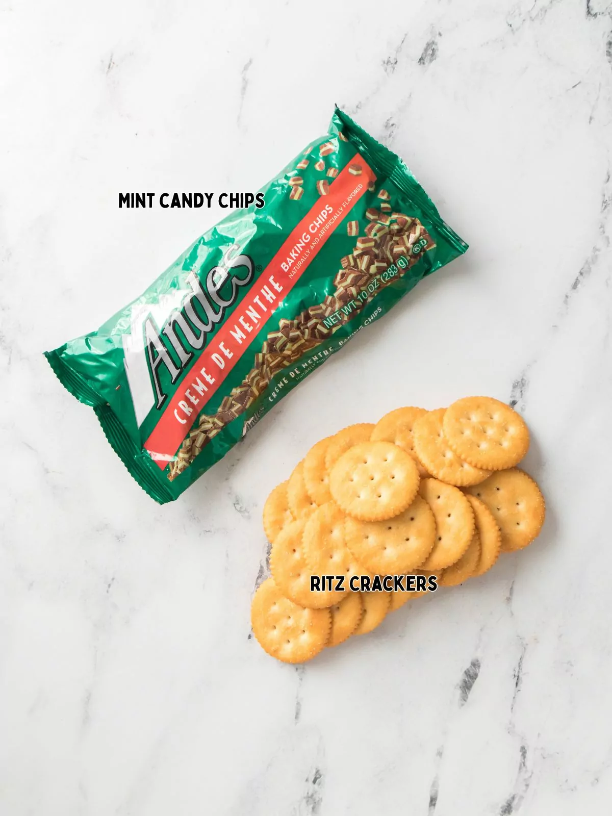 Ingredients Mint Candy PIeces and Ritz Crackers.