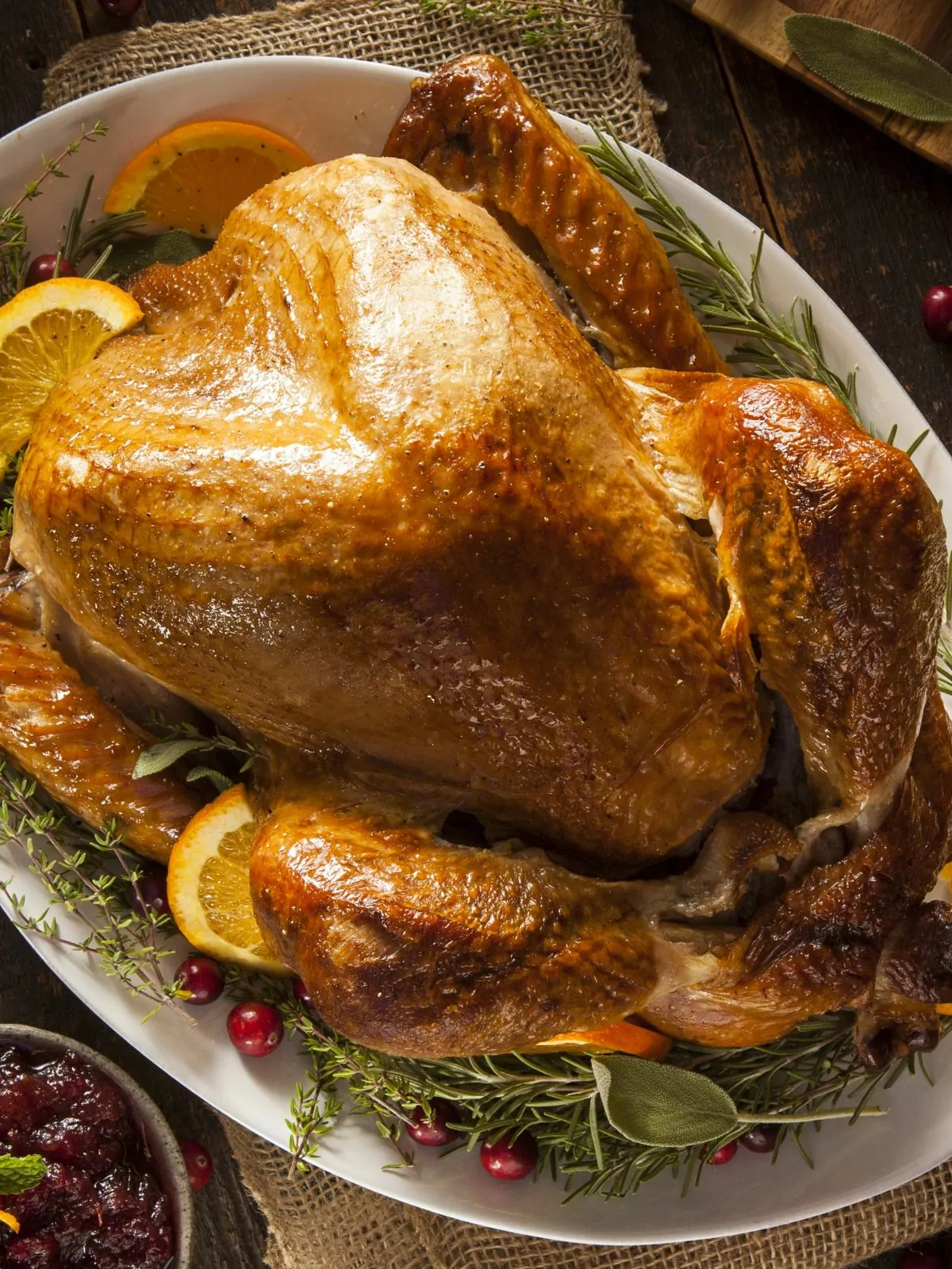 Roast turkey on platter ready to carve for Thanksgiving.