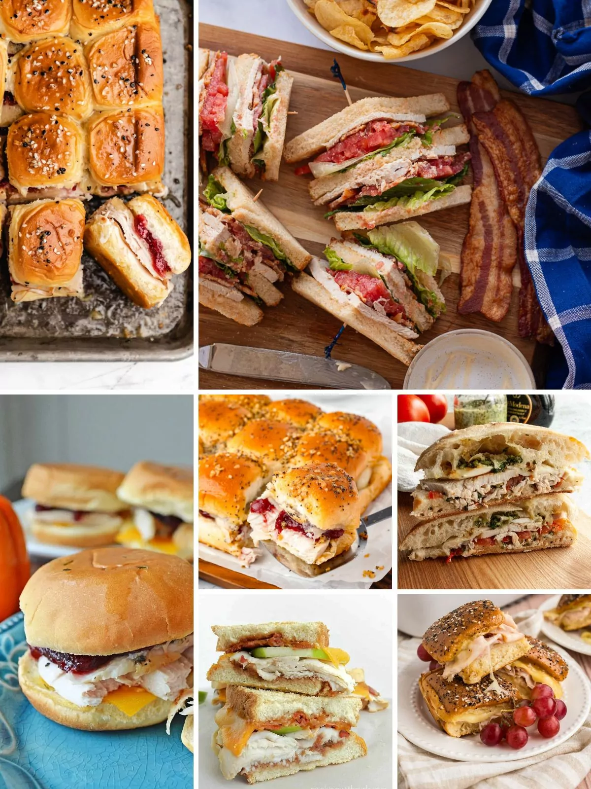 a collection of turkey sandwiches.