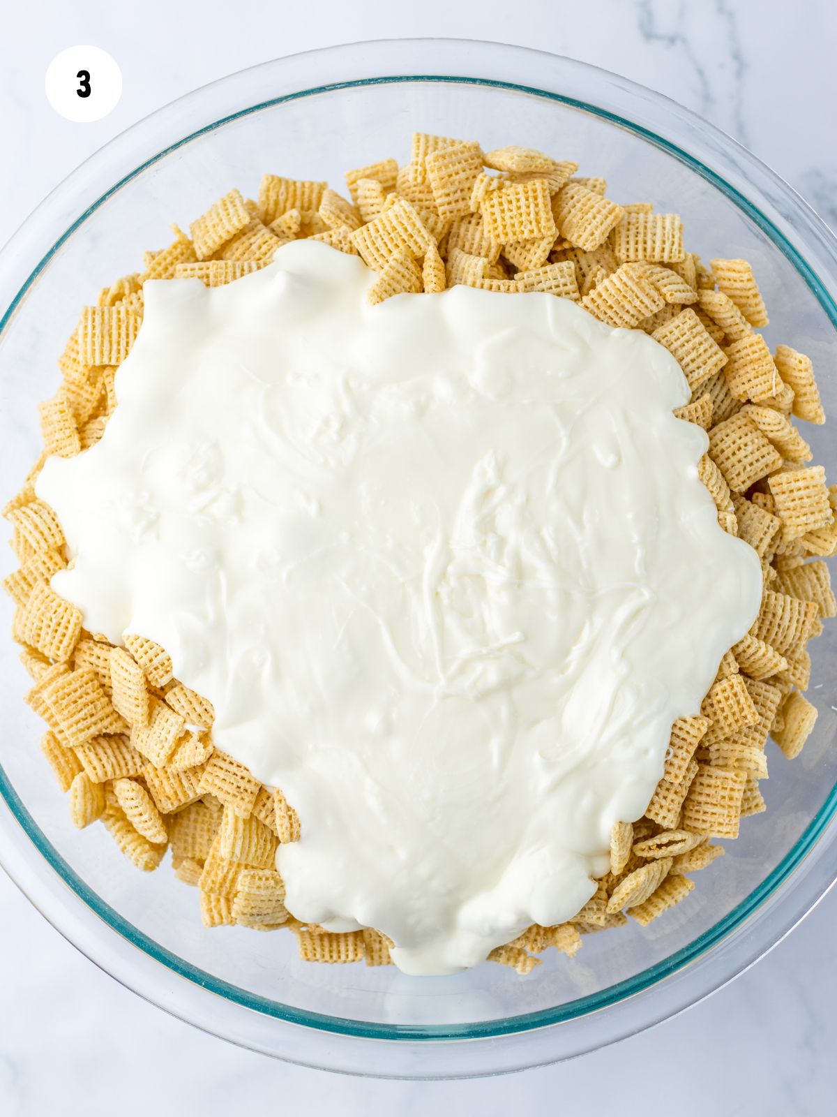 melted white chocolate on rice chex