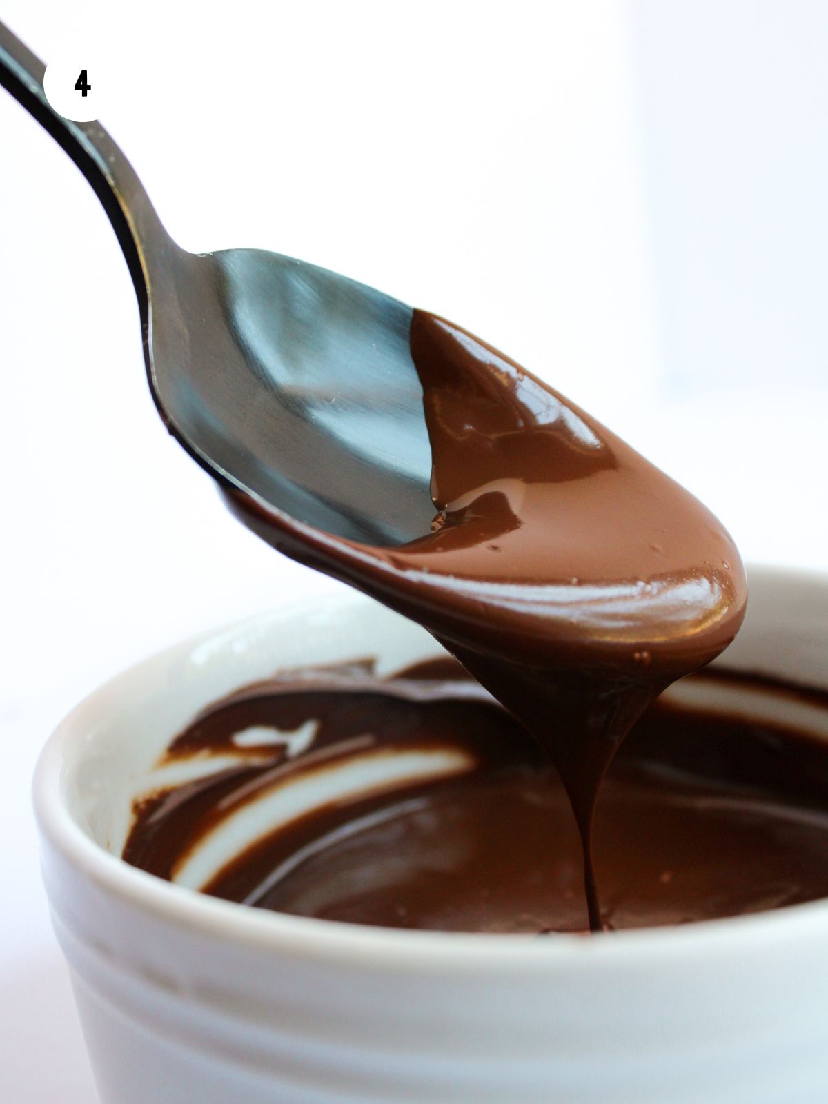 spoon with melted dark chocolate dripping off into bowl.