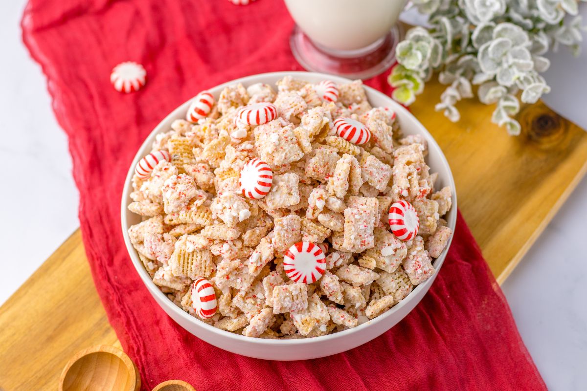 white bowl with Candy Cane Chex Mix