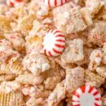 close up of Candy Cane Chex Mix