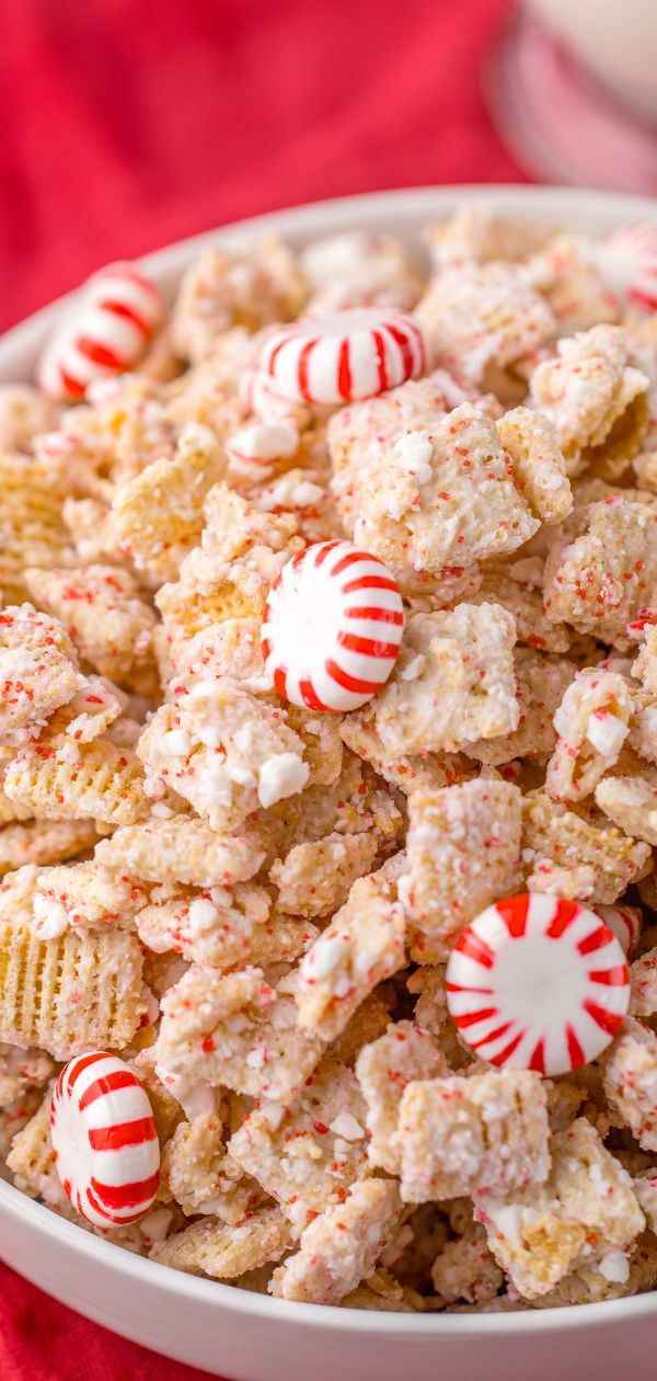 close up of Candy Cane Chex Mix