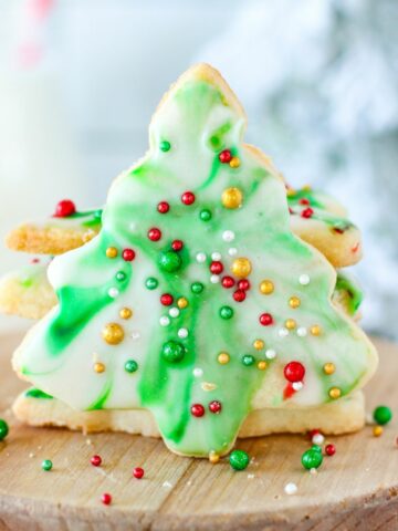 christmas tree cookies with marbled icing