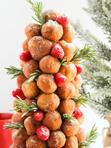 Donut Christmas Tree with raspberries and rosemary sprigs