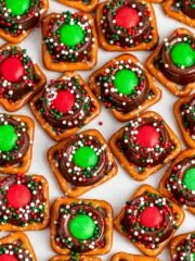 rolo pretzels with red and green M&M's on top