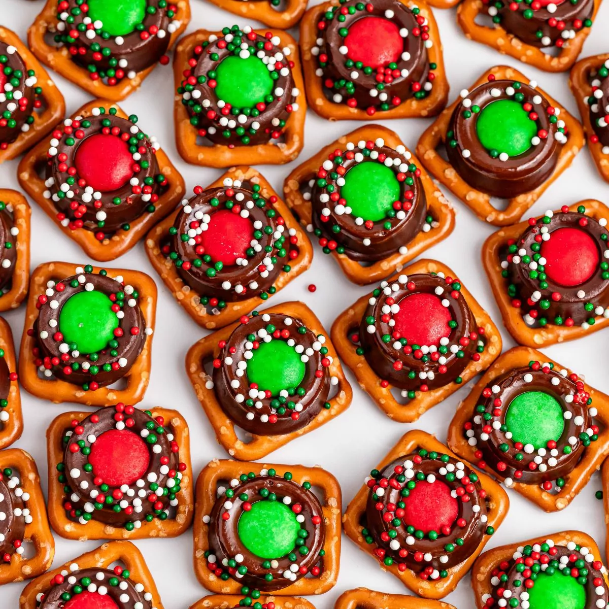 rolo pretzels with red and green M&M's on top