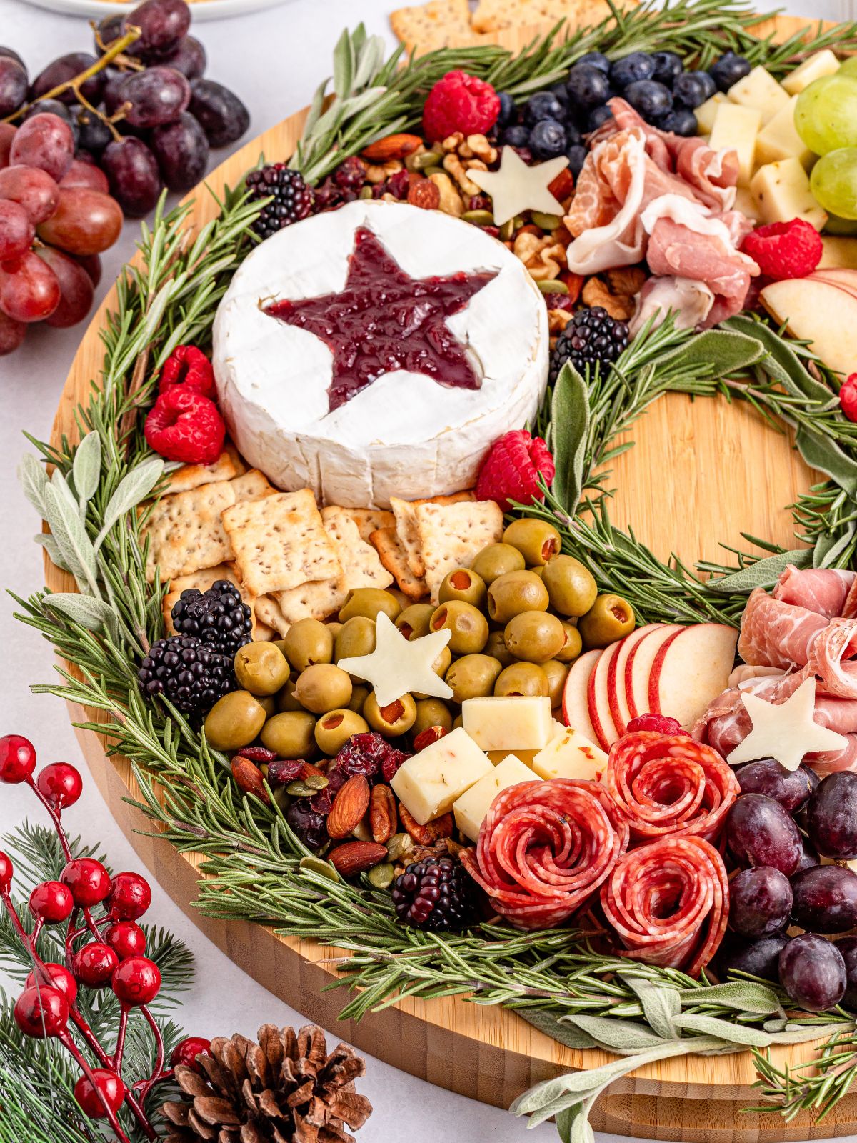 close up of Christmas Charcuterie Wreath